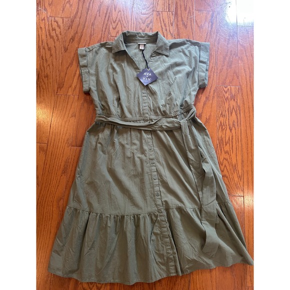 Ava & Viv Dresses & Skirts - Ava & Viv Women XXL Sage Green Cotton Short Sleeve Button Front Midi Shirt Dress